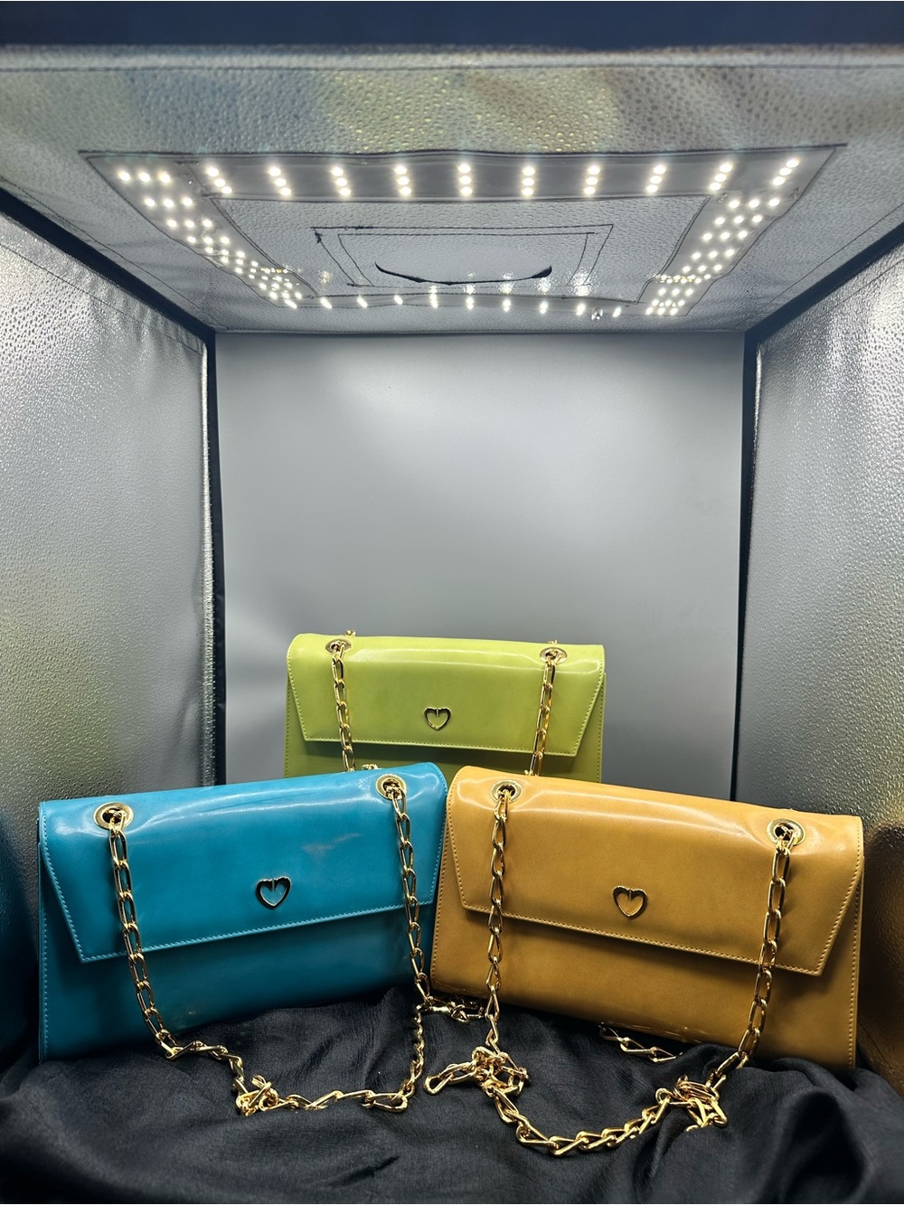 Cruciani Heart-Accent Chain Shoulder Bag - Blue, Lime, Mustard